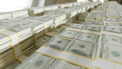 Dollars in piles close up