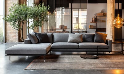 Amidst modern decor, a comfortable sofa takes center stage