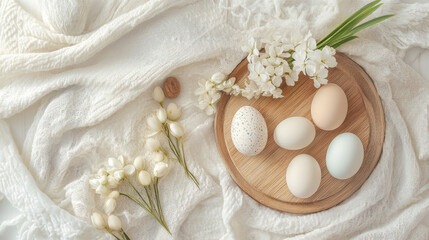 Speckled and plain eggs arranged on a wooden tray with white flowers and soft fabric creating a serene spring composition
