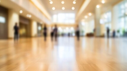 Blurred vision of people walking in a spacious, modern lobby with warm wood flooring and soft lighting.