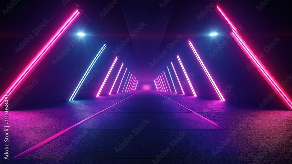Poster Abstract neon light tunnel with geometric shapes. Colored lights create futuristic tech vibe. Empty space suitable for mockups, product displays. Dark night scene ideal for virtual reality, cyber
