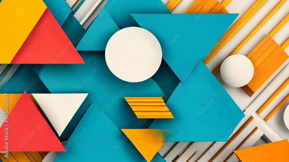 Poster discover a vibrant abstract design featuring 3d overlapping triangles and dynamic stripes in a moder