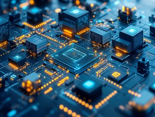 Obraz premium The image shows a stylized PCB resembling a city skyline, with a central block possibly representing a CPU or integrated circuit The monochromatic color scheme features blue components and yellow co