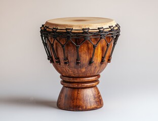 A handcrafted wooden djembe drum with a natural, dark-brown finish and leather drumhead.