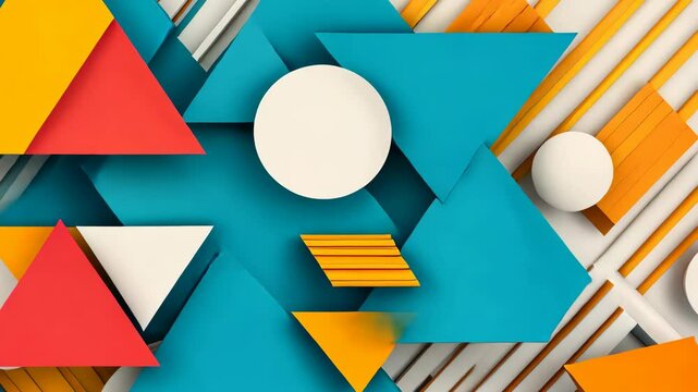 Discover a vibrant abstract design featuring 3D overlapping triangles and dynamic stripes in a modern cartoon style.