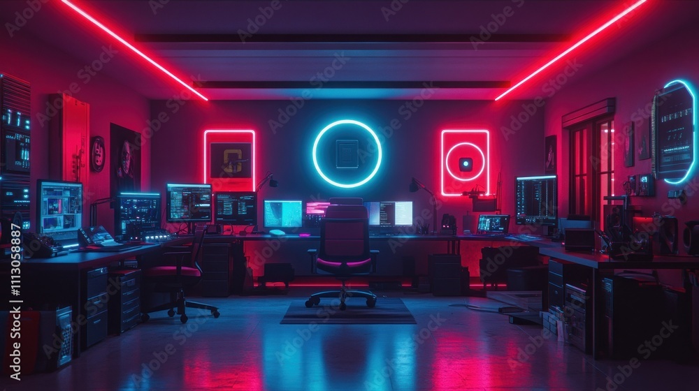 Poster a modern tech workspace illuminated with neon lights, featuring multiple screens and equipment.