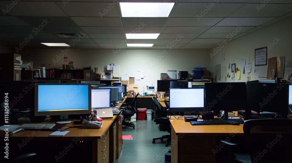 Aufkleber a dimly lit office space with multiple computer desks and monitors.