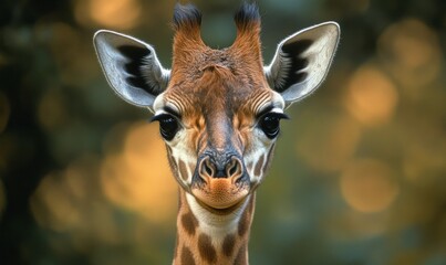 Fototapeta premium A young giraffe with large, curious eyes stares directly into the camera, surrounded by soft, blurred background foliage.