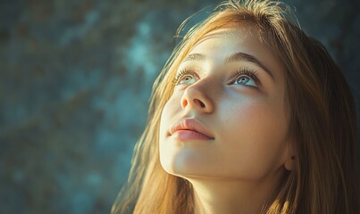 A young woman gazes upward with a serene expression, her eyes reflecting a deep sense of wonder.