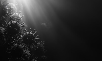 Black coronavirus bacteria illuminated by a ray of light
