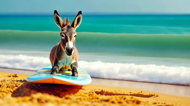A cute donkey surfer enjoys a fun-filled summer day at the beach, riding waves with enthusiasm, Ai Generated.