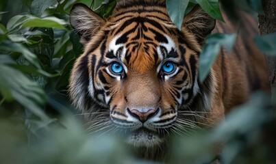 Fototapeta premium A tiger with striking blue eyes peers intently from behind foliage.