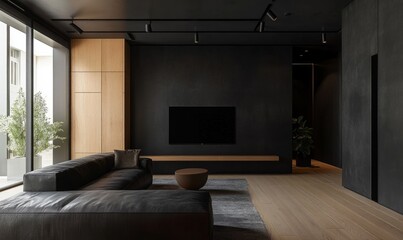 Black wall in minimalist gallery interior