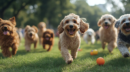 Joyful Dogs Running in a Green Park: A Playful Gathering of Happy Canines