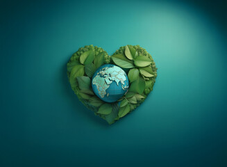 A miniature Earth nestled within a heart shape formed by lush green leaves, set against a teal backdrop.  A symbol of environmental love and care for our planet.