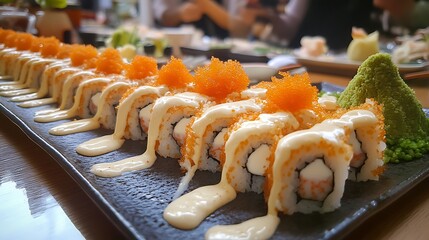 Delicious sushi roll platter with creamy sauce and fish eggs.
