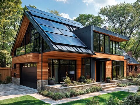 A modern, angular-roofed single-family house with solar panels, wooden cladding, large windows, and a stone base The property has a bright interior, a flat rooftop area, a well-maintained lawn, shru