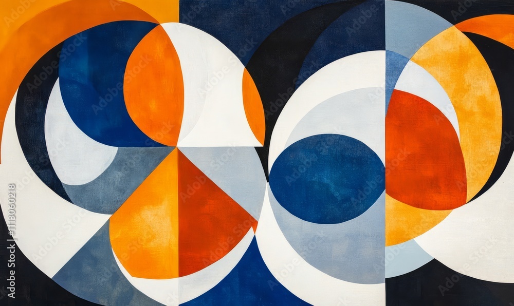 Poster a vibrant and geometric composition featuring overlapping circular shapes in bold colors of orange, 
