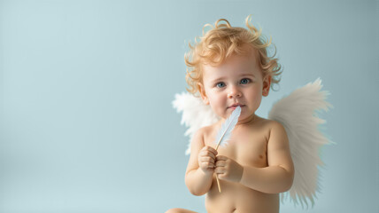 A cute baby with curly hair and angel wings holds a feather, smiling at the camera against a soft blue background. Great for marketing baby products, celebrations, or whimsical themes, copy space