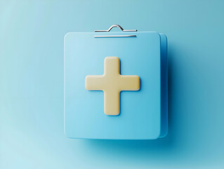 Fototapeta premium A minimalist blue clipboard featuring a prominent yellow medical cross symbol, symbolizing health and care.