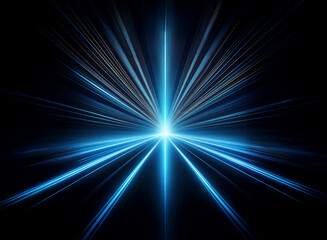 Fototapeta premium A vibrant, blue light bursts forth from a central point, radiating outwards in a starburst pattern against a pitch-black background. The streaks of light suggest rapid motion and energy.
