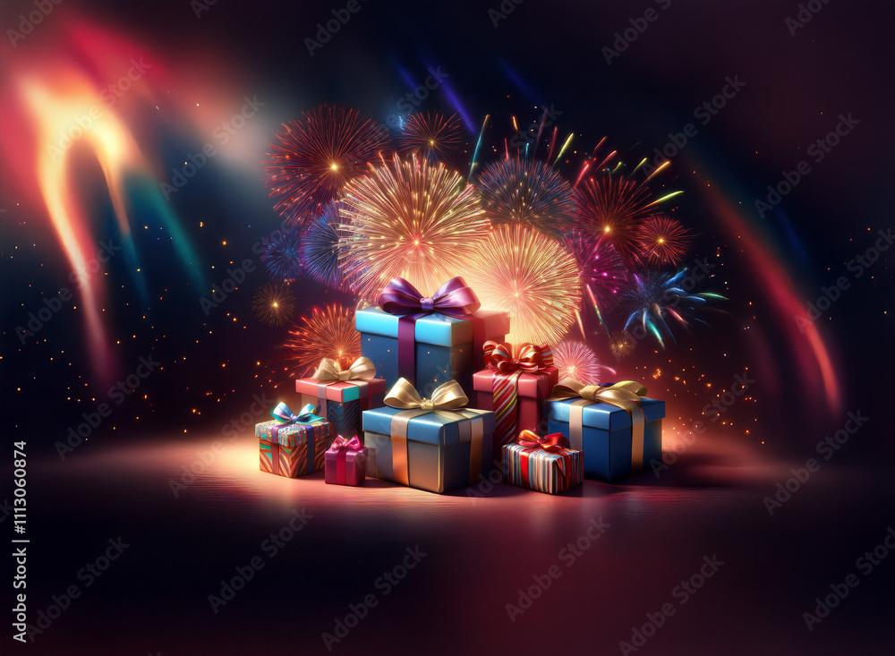 Poster a vibrant display of fireworks explodes behind a pile of festively wrapped gifts, creating a magical