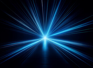 Obraz premium Intense blue light streaks radiate from a central point, creating a dynamic, high-speed visual effect against a dark background. The light suggests movement and energy.
