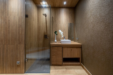 Luxurious spa bathroom with modern design and wooden accents