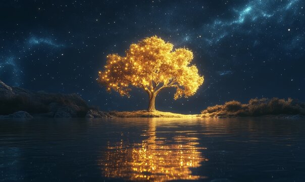 A solitary tree radiates golden light, reflecting in the calm waters beneath a starry night sky.