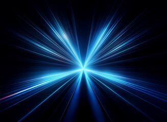Abstract image depicting vibrant blue light streaks converging at a central point, radiating outward against a stark black background, suggesting speed and energy.