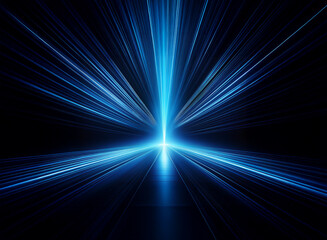 Obraz premium Abstract image depicting a bright blue light emanating from a central point, creating a dynamic, radiating effect against a black background. The light streaks suggest speed and movement.