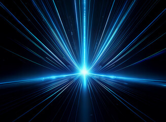 Obraz premium A bright blue light bursts from a central point, radiating outwards in a starburst pattern against a dark background. The light streaks create a sense of speed and energy.