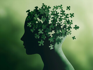 A silhouette of a head filled with green puzzle pieces, symbolizing creativity and mental challenges against a soft green background.