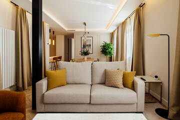 Modern living room with neutral decor and cozy atmosphere