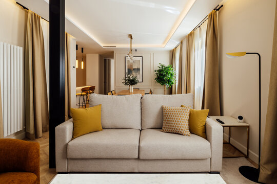 Modern living room with neutral decor and cozy atmosphere