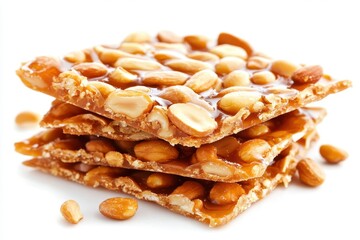 Crunchy caramel nut brittle stacked in a group with a white background, showcasing the rich texture and golden-brown color of the sweet treat, perfect for culinary-themed projects.