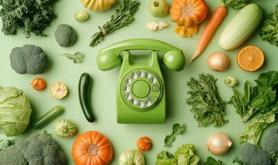 A vintage green telephone surrounded by fresh vegetables on a light green background, creating a playful and unique composition.