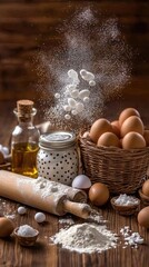 Fototapeta premium Baking tools and fresh ingredients are arranged neatly on a wooden table, showcasing the essence of homemade cooking in a rustic kitchen