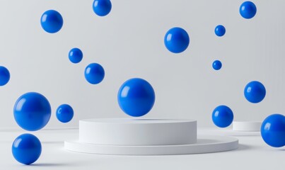 Abstract minimalist background with blue spheres and white platform