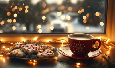 Fototapeta premium A warm holiday scene with a cup of coffee and decorated Christmas cookies on a plate by the window, surrounded by festive lights.