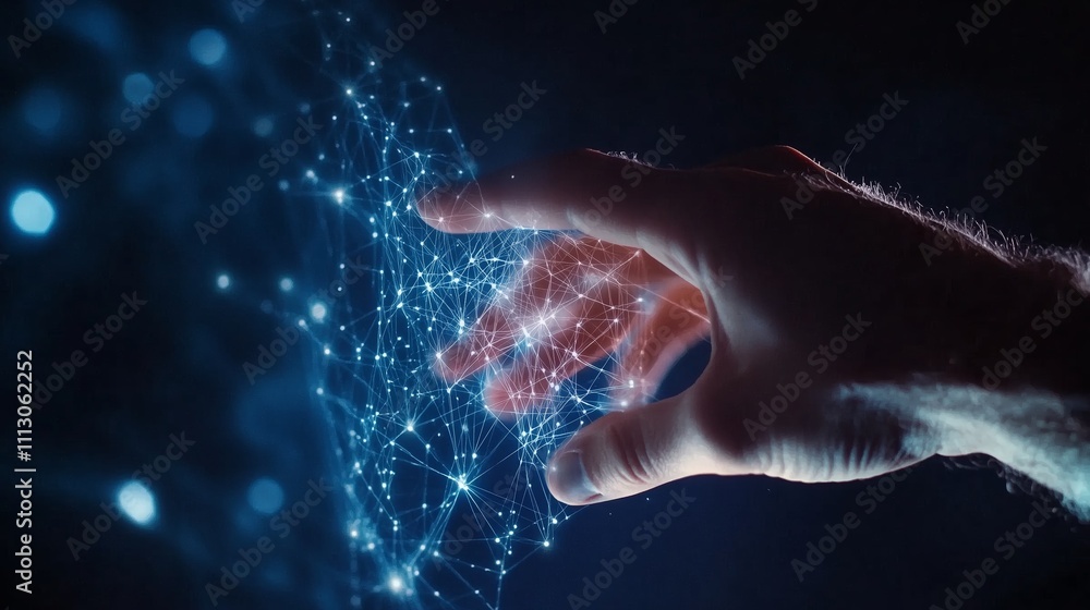 Poster innovative technology visualizing human connection with digital networks in dark setting
