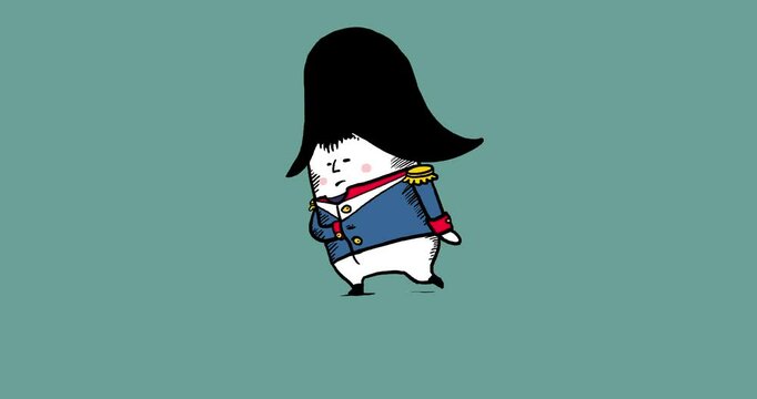 Napoleon cartoon walking left color isolated. Walking loop seamless cycle emperor character animation. Metaphor symbol icon of business, society, thinking, brainstorm, strength, war, etc...