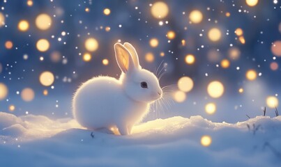 A white rabbit stands on snow under a night sky with glowing lights in the background.