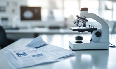 A white science laboratory background with a newsletter featuring recent discoveries and scientific breakthroughs, displayed on a sleek, clean laboratory table with modern equipment.