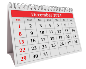 December 2024 calendar. Page of the annual business desk month winter calendar isolated on transparent png