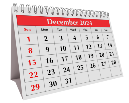 December 2024 calendar. Page of the annual business desk month winter calendar isolated on transparent png - Powered by Adobe