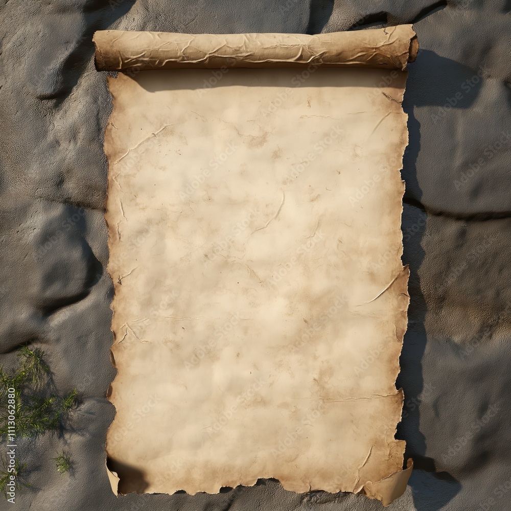 Poster Ancient paper scroll lies on textured surface. Old parchment shows age, use. Background rough stone. Empty scroll suggests waiting for contents. Possible scenes include historical note, lost map,