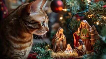 A curious cat observes a festive nativity scene, surrounded by Christmas decorations and warm lights, capturing a cozy holiday atmosphere.