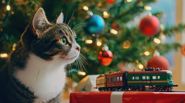 A festive cat curiously observes a colorful toy train beside a beautifully decorated Christmas tree.