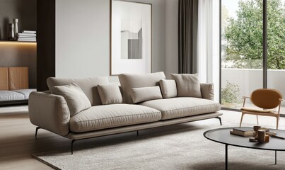 Fototapeta premium Amidst modern decor, a comfortable sofa takes center stage